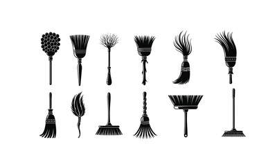 Collection of black silhouette broom icons isolated on white background