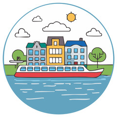 Fototapeta premium Cartoon illustration of a boat traveling past colorful buildings and trees.