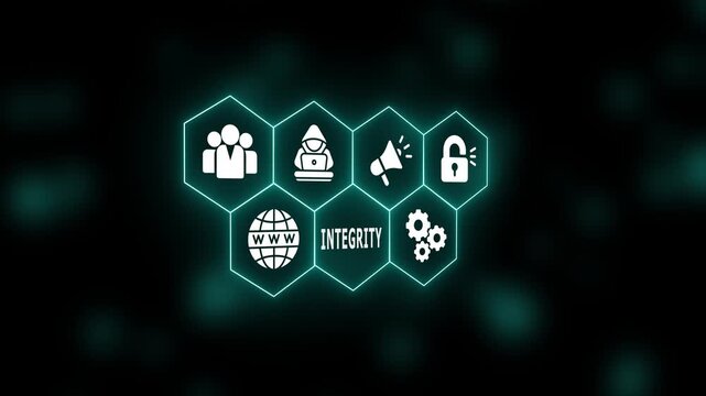 Cyber integrity concept featuring glowing icons symbolizing ethical data handling, security assurance, stable systems, and trustworthy digital operations on a tech display.