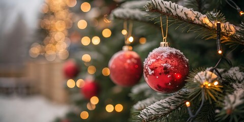 Close up of festive red pinecone ornaments hanging on a snow dusted christmas tree with blurred warm bokeh lights in the background
