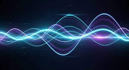 Abstract blue and purple glowing light trails dance against a dark background, creating dynamic