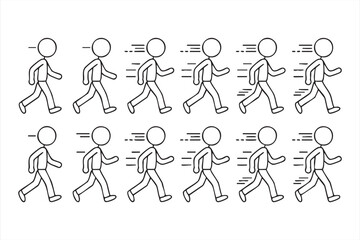 Minimal line vector of stickman walking jogging and running animation frames