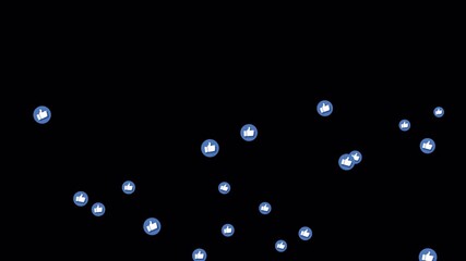 Floating blue like icons animation on black background with social media reaction and feedback effect - Powered by Adobe