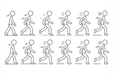 Stick figure motion cycle illustration showing walking to running sequence