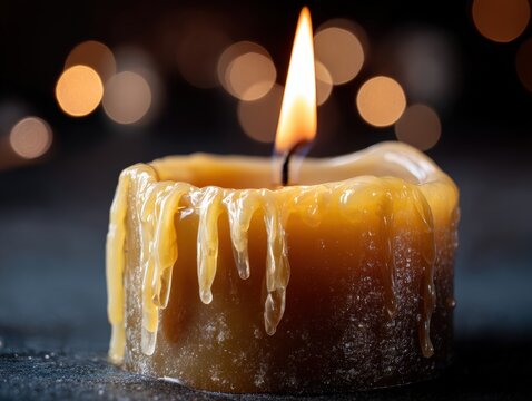 A lit candle with melted wax drips stands on a dark surface. The flame is bright, and blurred circular lights create a warm bokeh effect in the background, enhancing the cozy ambiance
