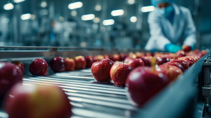 Red apples on a conveyor belt in a food processing plant with worker in background