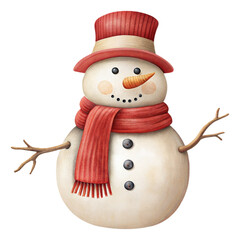 Watercolor snowman in red scarf and hat