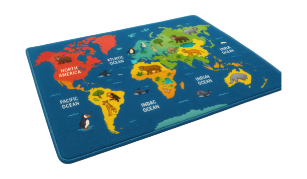 Colorful world map rug for kids, perfect for educational play in a playroom.