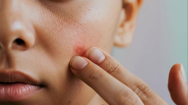 Woman touching and applying medical cream on red inflamed pimple or acne on her face for skin care treatment