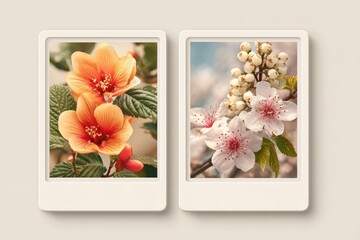 Two floral prints displayed side by side present orange and white spring blossoms in charming frames