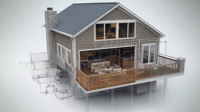 3D model of a house, with interior and exterior design elements overlaid with architectural blueprints