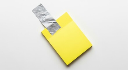 Yellow sticky note with a silver wrapper peeking out from the top