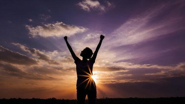 Minimalist scene of a triumphant figure bathed in radiant sunrise hues, embodying empowerment, courage, and personal achievement. - Powered by Adobe