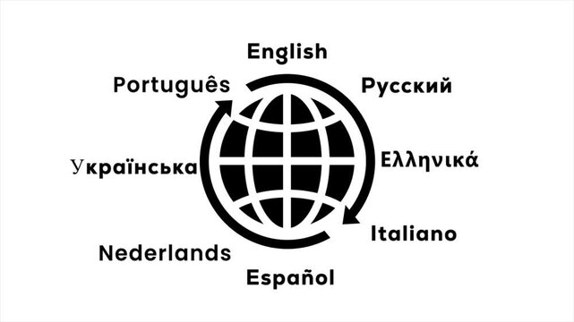 Language selection animation video. Globe rotation with multilingual text around symbol on white background in high-resolution format