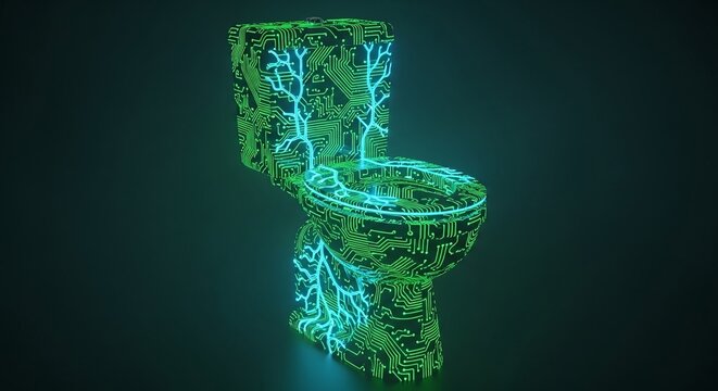 A Futuristic Toilet Is Covered In Glowing Green Circuit Boards Reflecting Digital Age Themes