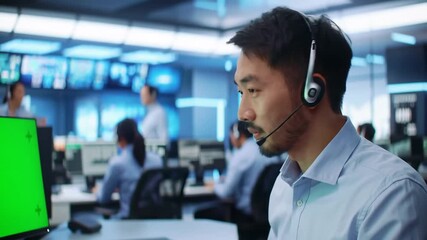 Male Customer Service Representative Wearing Headset Working on Computer with Green Screen in a Modern Control Room or Call Center Environment. - Powered by Adobe