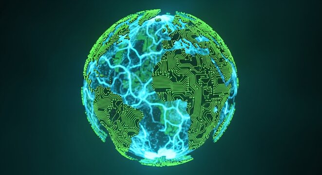 A Glowing Green Circuit Board Forms The Continents On Earth Above A Digital Blue Energy Field
