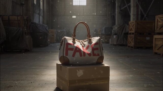 A luxury-style handbag labeled &ldquo;FAKE&rdquo; sits dramatically on a box in a dim warehouse, symbolizing counterfeit goods and black-market production.