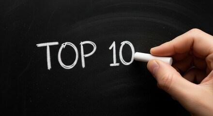 Hand writing the words top 10 on a black chalkboard with white chalk
