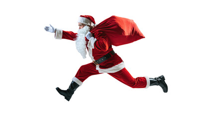 Santa claus in full costume running with a red sack over his shoulder on a png background image