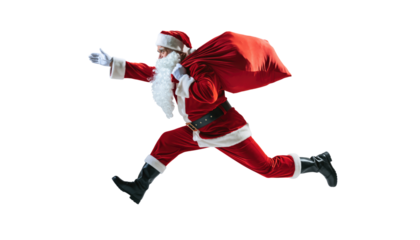 Santa claus in full costume running with a red sack over his shoulder on a png background image