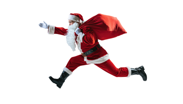 Santa claus in full costume running with a red sack over his shoulder on a png background image - Powered by Adobe