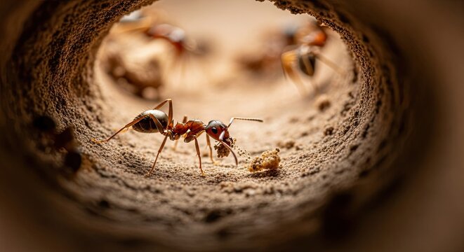 Close up of an ant inside a tunnel with other ants in the background.