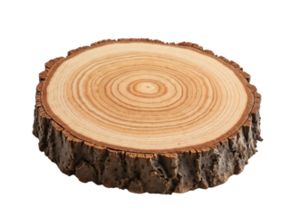 Wooden log slice, tree stump with rings and bark isolated on transparent background