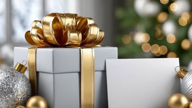 Sophisticated Christmas gift box with lavish gold ribbon and bow, surrounded by silver and gold ornaments and glitter, with a blank note card for a festive personalized message