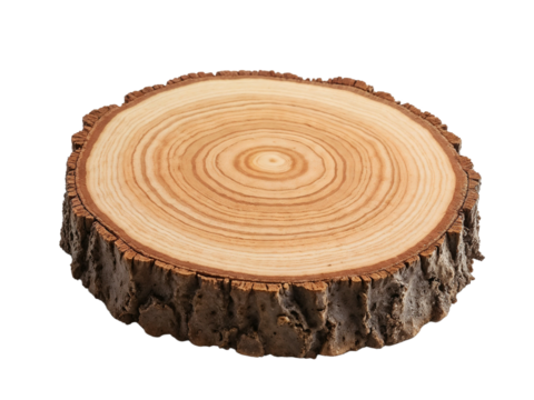 Wooden log slice, tree stump with rings and bark isolated on transparent background