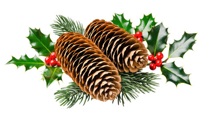 Two pine cones with green pine needles and holly with berries on a png background studio shot