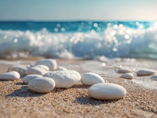 Natural beach landscape tranquil ocean waves white smooth pebbles shore bright morning light serene coastal scenery calming seaside view summer vacation destination clear blue water