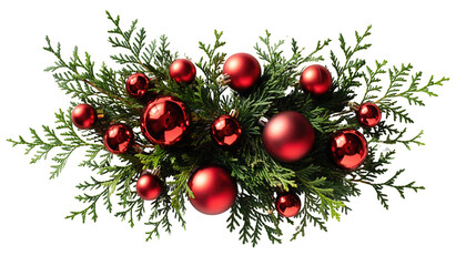 Arrangement of red christmas ornaments nestled within green cedar branches on a png background