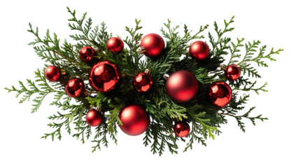 Arrangement of red christmas ornaments nestled within green cedar branches on a png background