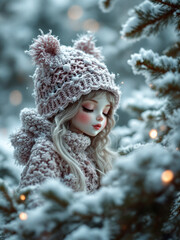 Winter's Tale: A charming scene with a doll in a festive knitted hat in the snow