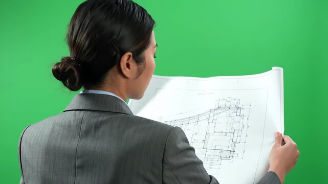 Rear view of a female architect or engineer reviewing blueprints on a green screen ideal for construction design and planning concepts.