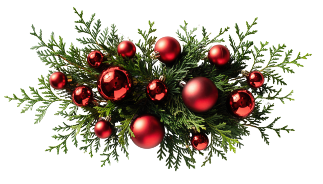 Arrangement of red christmas ornaments nestled within green cedar branches on a png background