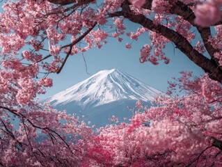Mount Fuji Framed by Vibrant Pink Cherry Blossoms Under Clear Blue Sky, Iconic Japanese Mountain View, Spring Bloom Scenery, Serene Outdoor Landscape, Cultural Landmark