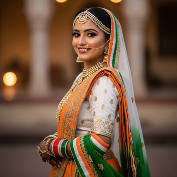 Elegant Indian Woman in Tricolor Traditional Wear with Classic Jewelry