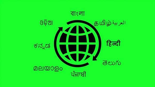 Indian languages animation with globe icon on green screen background for translation, multilingual communication, and chroma key overlay videos