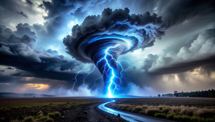 Dramatic tornado with lightning strikes, swirling clouds, and a road leading to the storm.