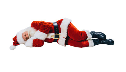 Santa claus lying down asleep wearing a red suit with white trim and black boots on a png background