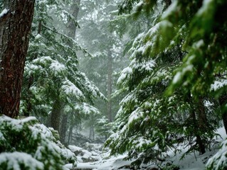 Enchanting Winter Forest Pathway Dusted with Fresh Snow - Green Fir Trees Stand Tall in a Cold, Snowy Landscape - Serene Outdoor Trail Amidst a Pine Grove