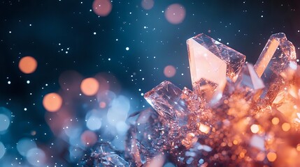 Magical crystal formation with glowing orange and blue bokeh lights against dark starry background, creating mystical atmosphere.