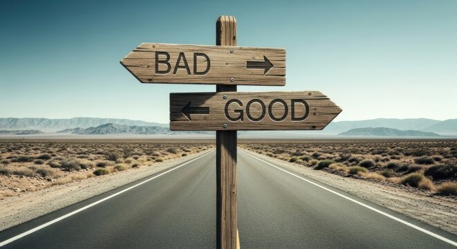 Wooden signpost in desert road points to good and bad choices