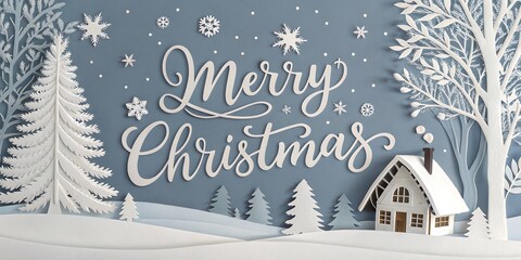 Whimsical winter wonderland merry christmas scene with paper cutout trees and a cozy cabin