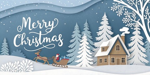 Whimsical winter wonderland scene with a cozy cabin santa s sleigh and festive trees perfect for holiday greetings and decorations