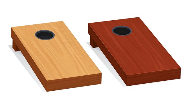 Two angled rectangular wooden boards, one light, one dark, with centered holes, viewed from a three-quarters perspective