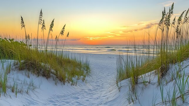 Tranquil beach path through sand dunes and sea oats at sunset, golden light illuminating coastal landscape with gentle waves.