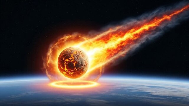 Apocalyptic scene with fiery asteroid hurtling toward Earth creating a dynamic impact effect, conveying danger and intense energy, ideal for science fiction or disaster themes